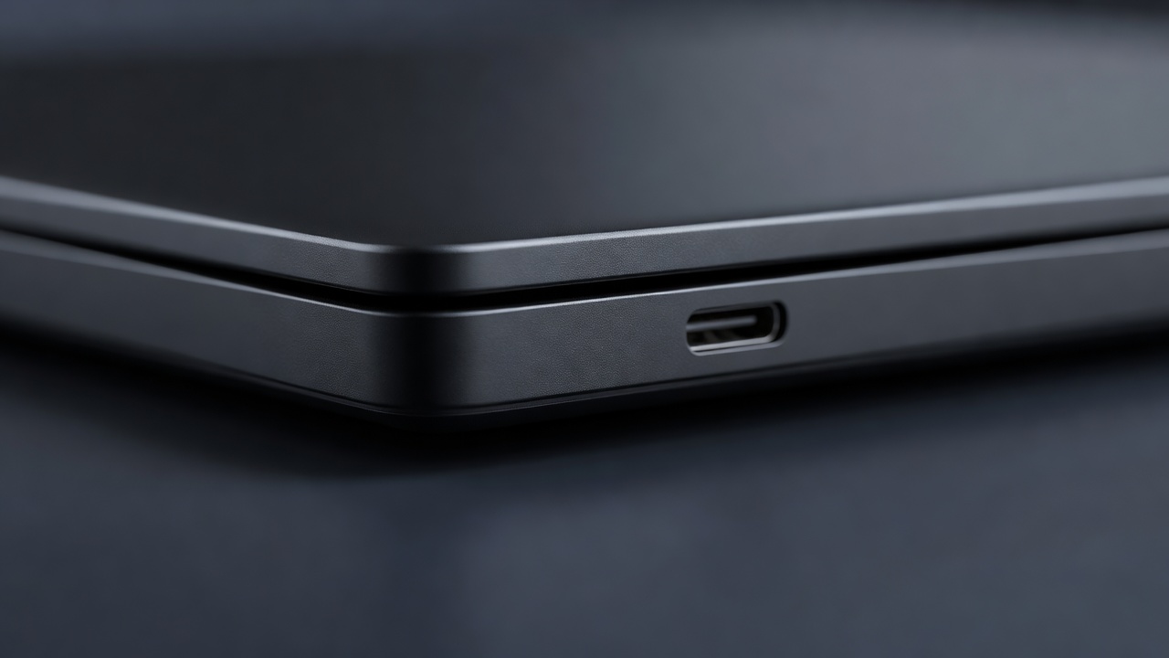 Edge of a dark laptop chassis and a muted port